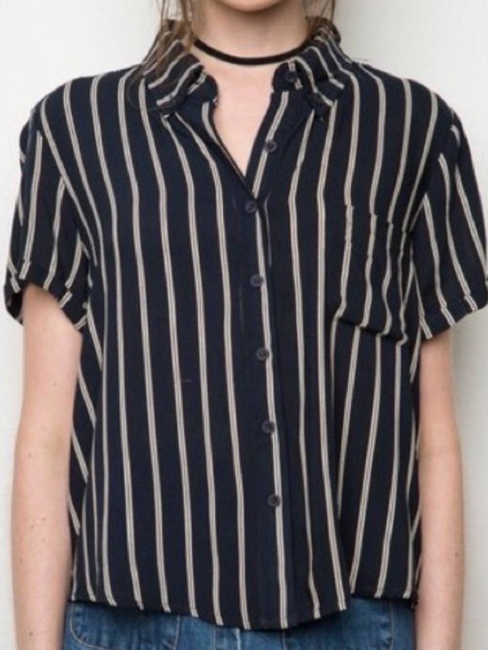 Brandy Melville Peyton Black Short-Sleeve Button-Down Striped Top | 100% Rayon